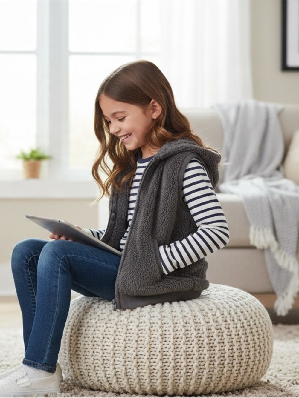 GREY FUR FLUFFY WARM HOODIE VEST FOR KIDS.